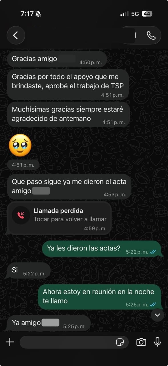 Un tesista agradece el apoyo y cuenta que aprobó su trabajo de suficiencia profesional.