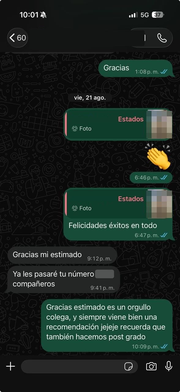 Un tesista felicita al estudio y ofrece pasar el número a sus compañeros.